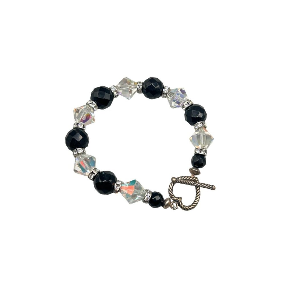Beaded Crystals Bracelet Black and Clear AB Aurora Borealis Beads Sterling Clasp